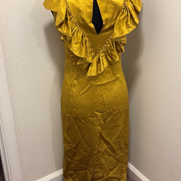 Anthropologie Seen Worn Kept Satin Ruffle Midi Dress Sleeveless Gold Yellow 2 - Picture 8 of 8